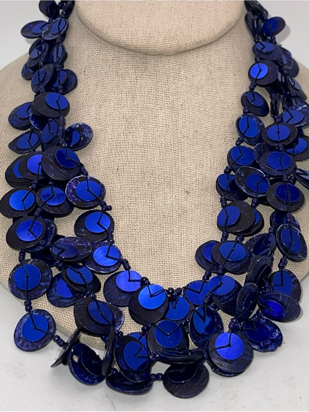 Boho Chunky Royal Blue Multi-Strand Flat Disc Statement Necklace Bib